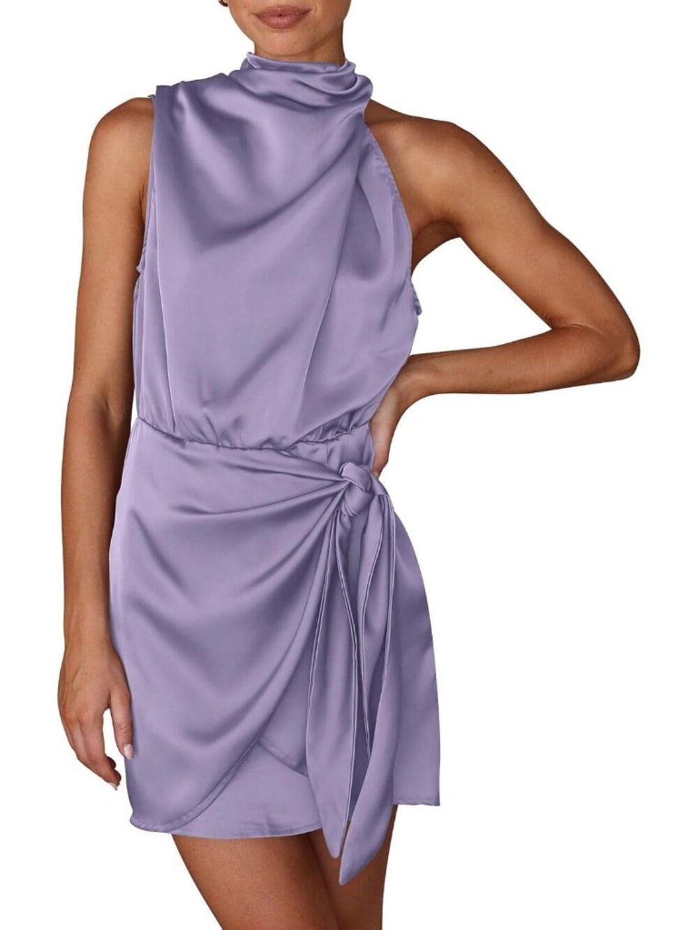 Women's Purple Sleeveless Mock Neck Formal Satin Tie Waist Tank Top Dress